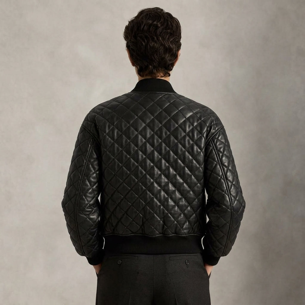 A man viewed from behind wearing a black quilted leather bomber jacket and dark trousers, standing against a textured gray studio background.