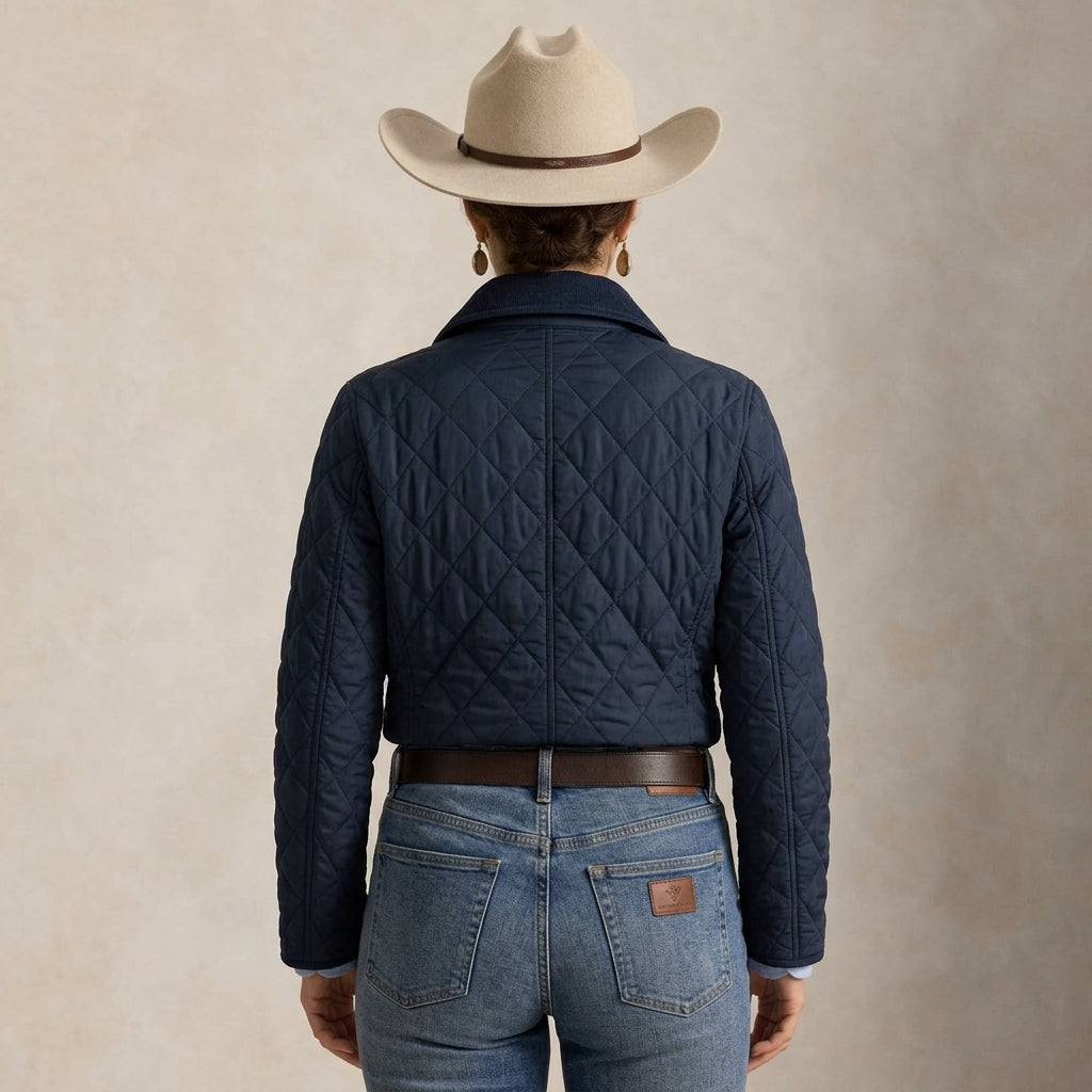 A person shown from the back wearing a navy quilted cropped jacket, blue jeans, a brown belt, and a beige cowboy hat against a soft beige studio background.