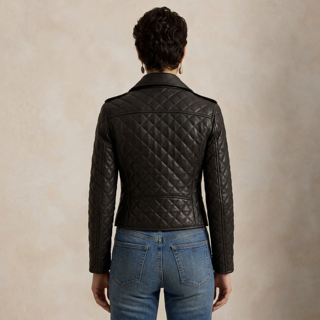 Quilted Moto Jacket for Women in Black Leather