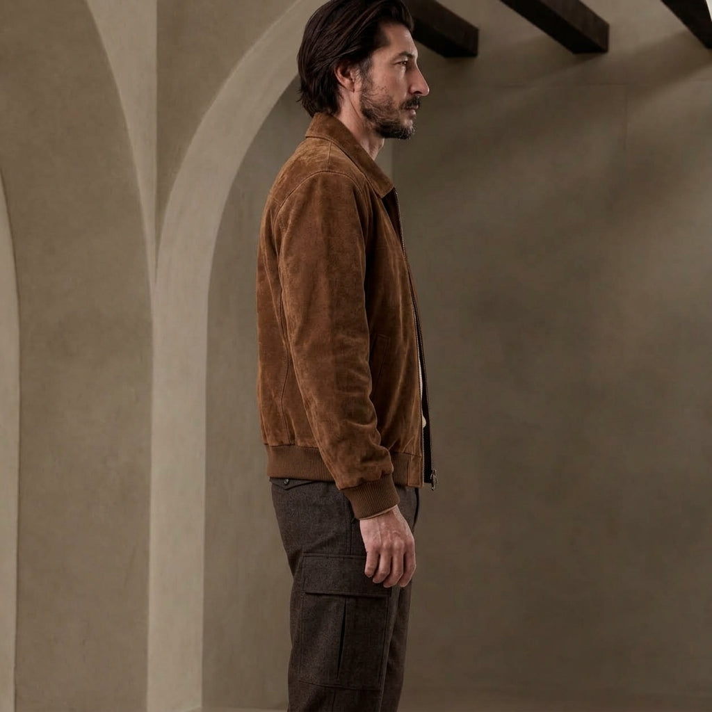 A man in side profile wearing a brown suede jacket and dark cargo pants, standing in a rustic interior with textured beige walls and arches.
