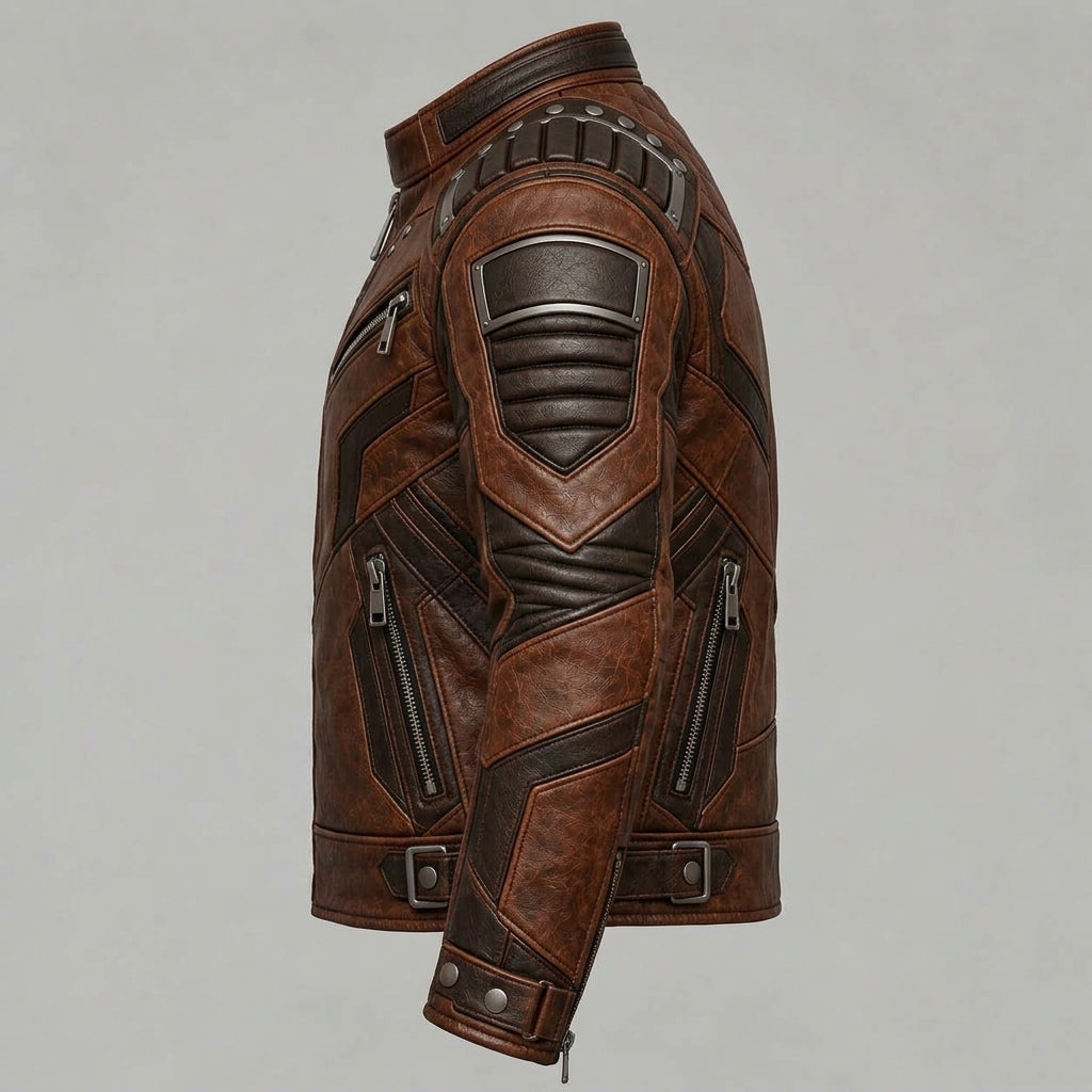 A brown leather jacket with dark brown contrast panels, silver zippers, and metallic rivets, shown from a side profile view against a light gray background.
