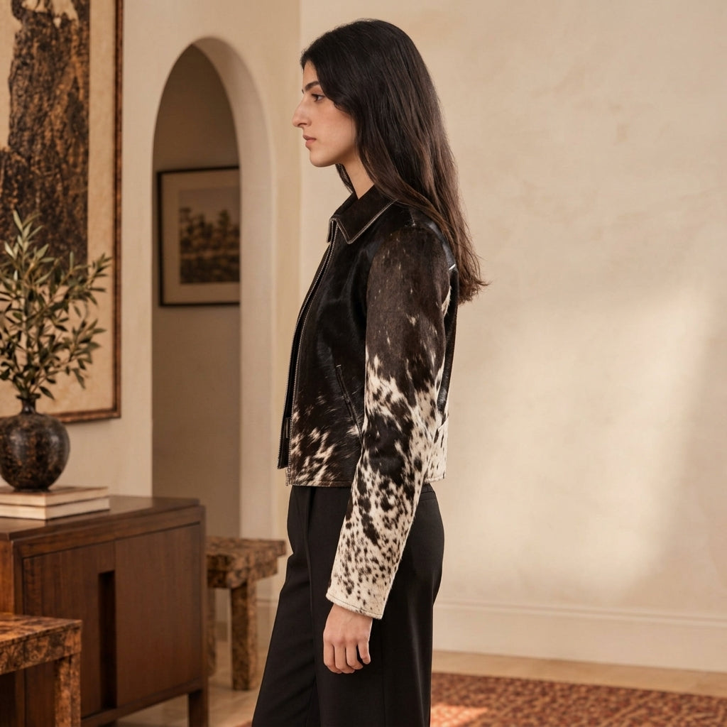 A woman stands in profile wearing a Cowhide Biker Jacket with a cream and black cow-print pattern on the sleeves, paired with black trousers, in an indoor setting with a wooden cabinet and neutral walls.