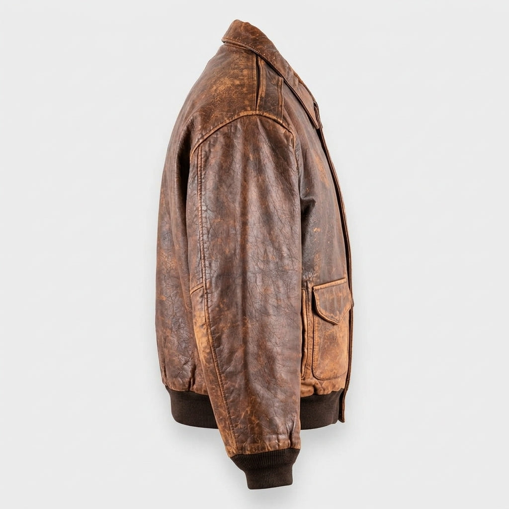 A distressed brown leather jacket shown from a side profile view against a light gray background.