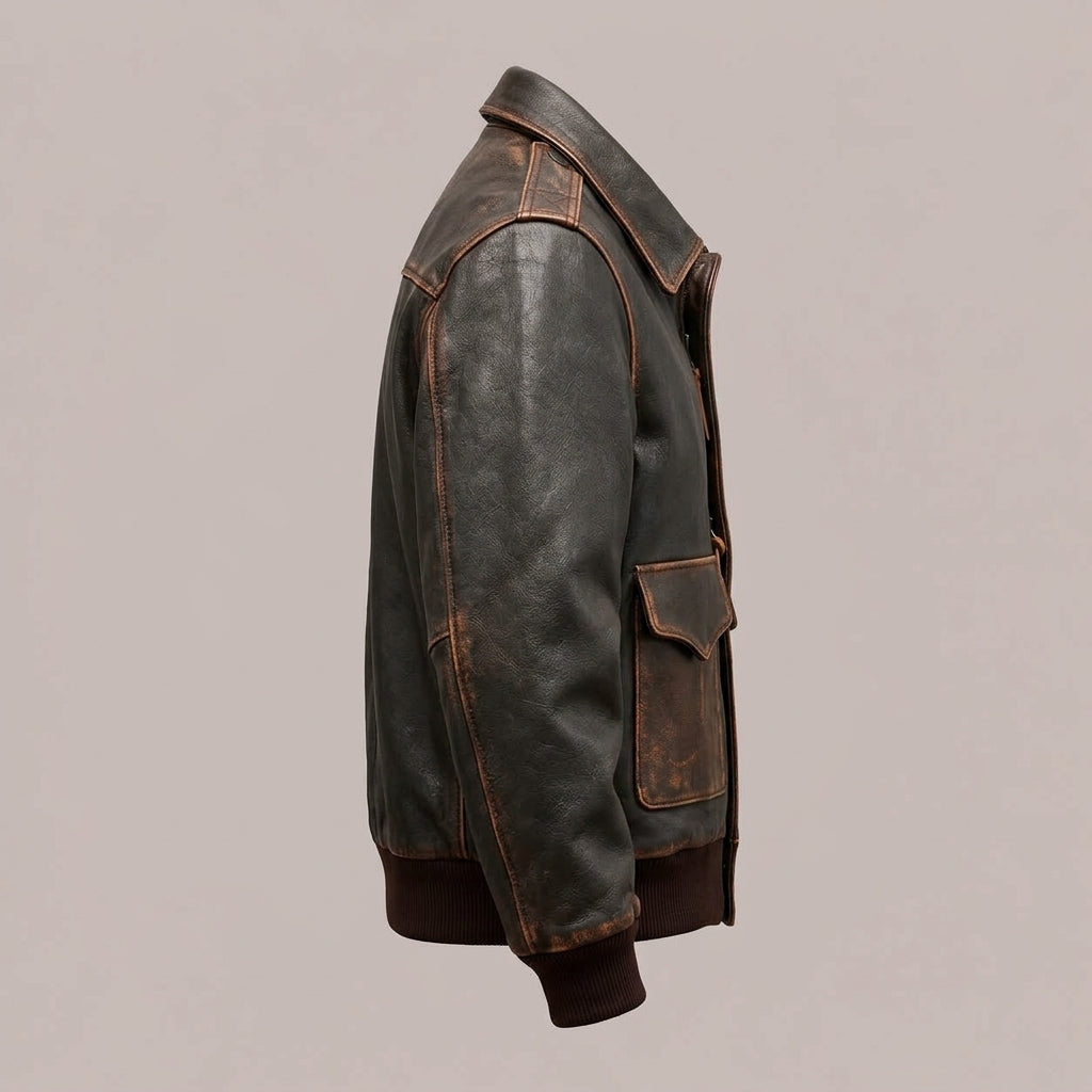 A side-profile view of a distressed leather jacket in dark brown and black, featuring contrast brown leather pocket panels and brown piping, set against a solid light gray background.