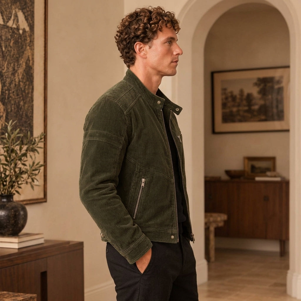 A man wearing an olive green corduroy jacket over a black shirt, standing in a warm, elegant interior room with arches and framed art.