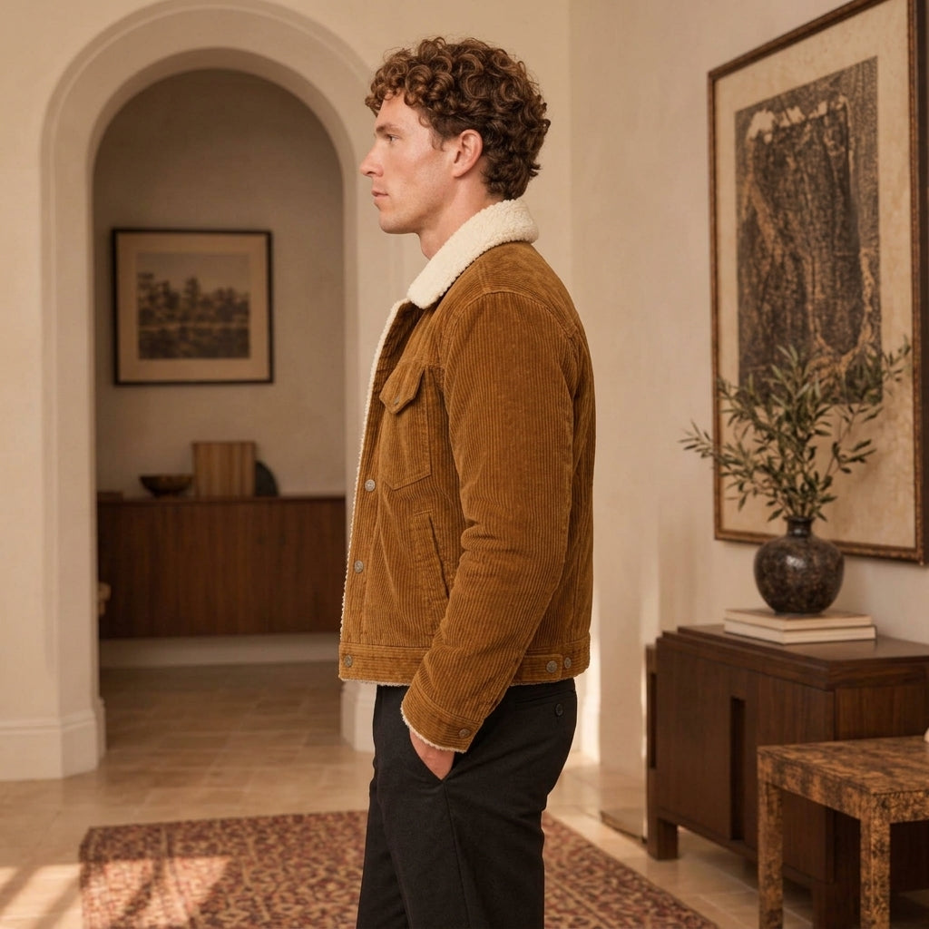 A man wearing a brown corduroy jacket with a white sherpa collar, standing in profile in a warm, modern interior hallway.