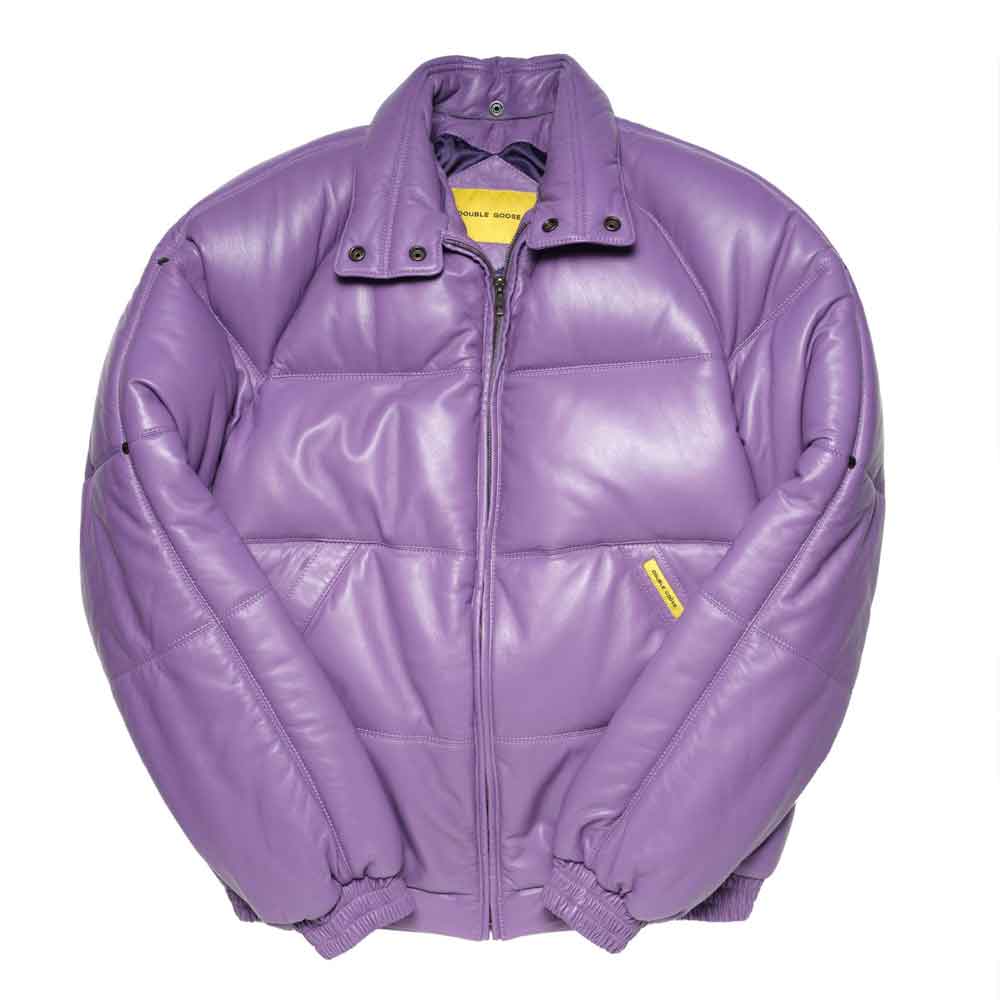 A lilac v bomber leather jacket with a front zipper, ribbed collar, cuffs, and hem, featuring small yellow brand tags on the chest and inside the collar, shown against a plain white background.