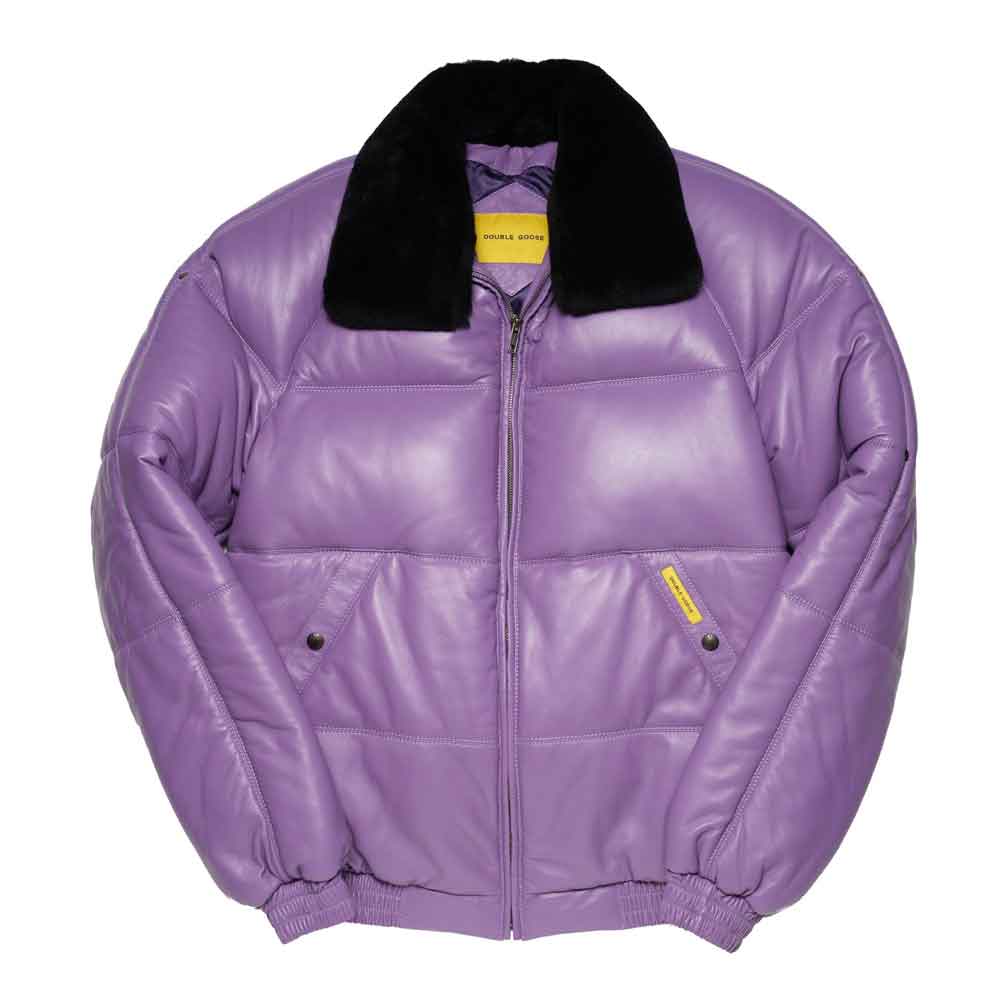 A Lilac leather puffer jacket with a black shearling collar, featuring a front zipper, horizontal quilting, and small yellow brand tags on the chest.