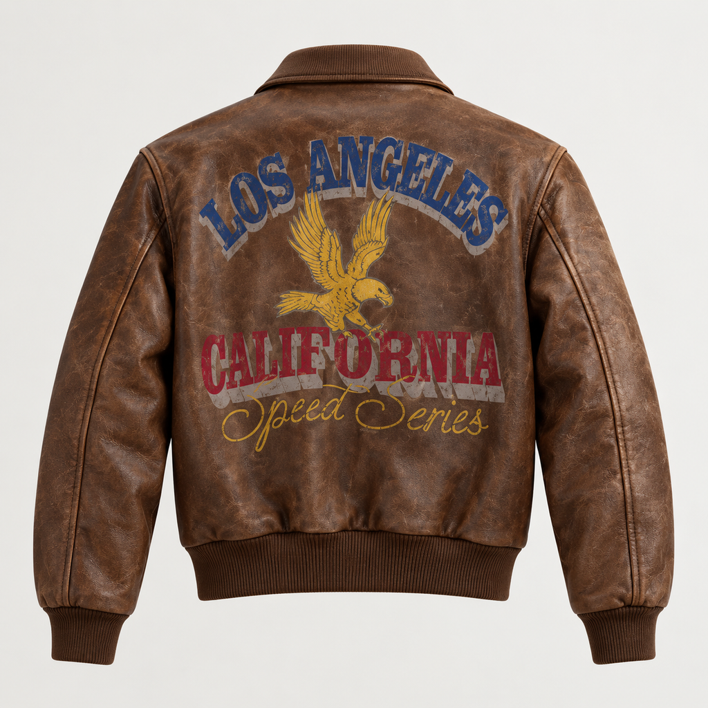 A brown distressed leather jacket shown from the back, featuring a large graphic print with an eagle, 'LOS ANGELES', 'CALIFORNIA', and 'Speed Series' in blue, red, and yellow text.
