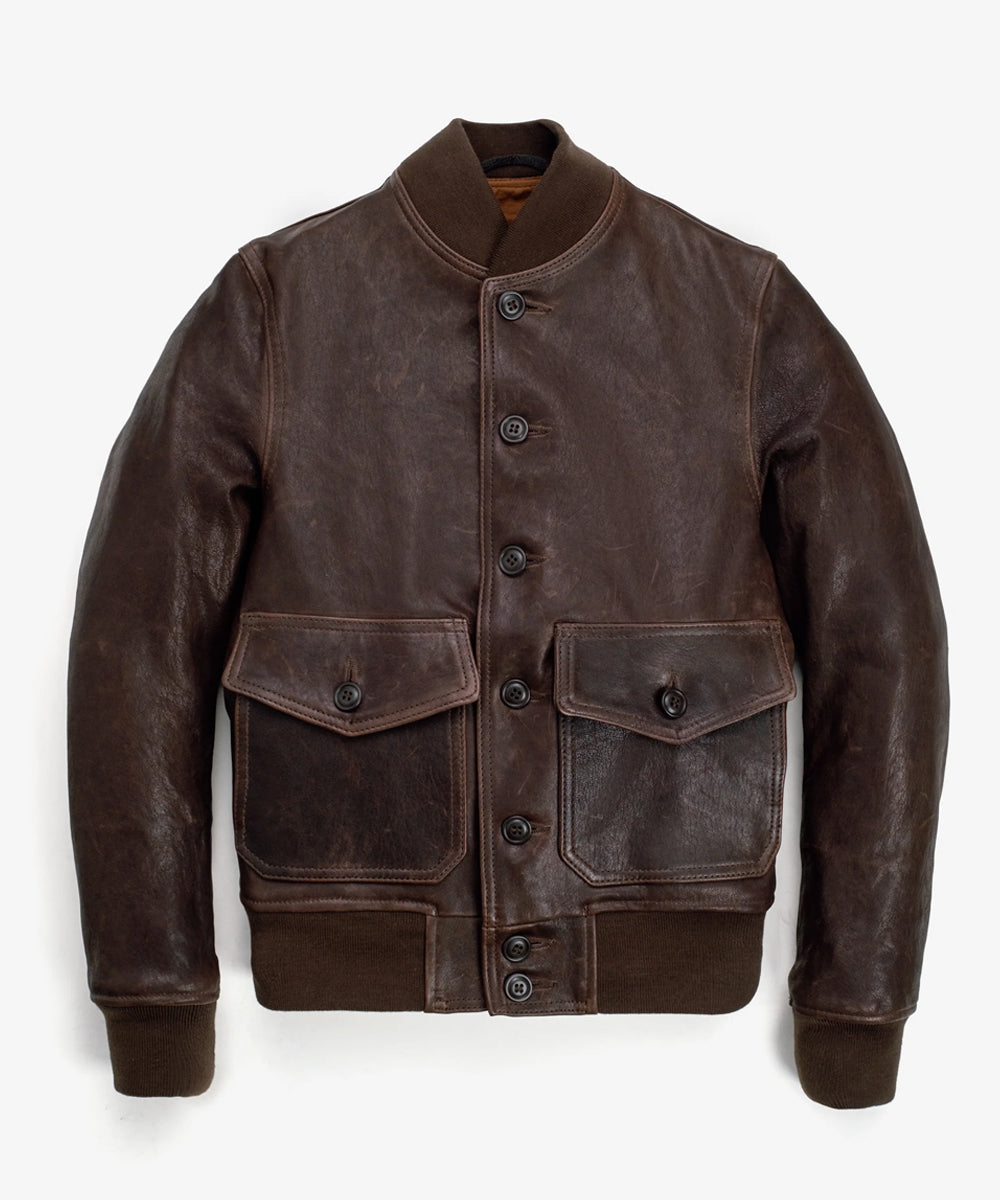 A dark brown A-1 Bomber Jacket with a button-up front, a stand-up collar, and two large front flap pockets, displayed against a clean white background.