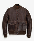 A dark brown A-1 Bomber Jacket with a button-up front, a stand-up collar, and two large front flap pockets, displayed against a clean white background.