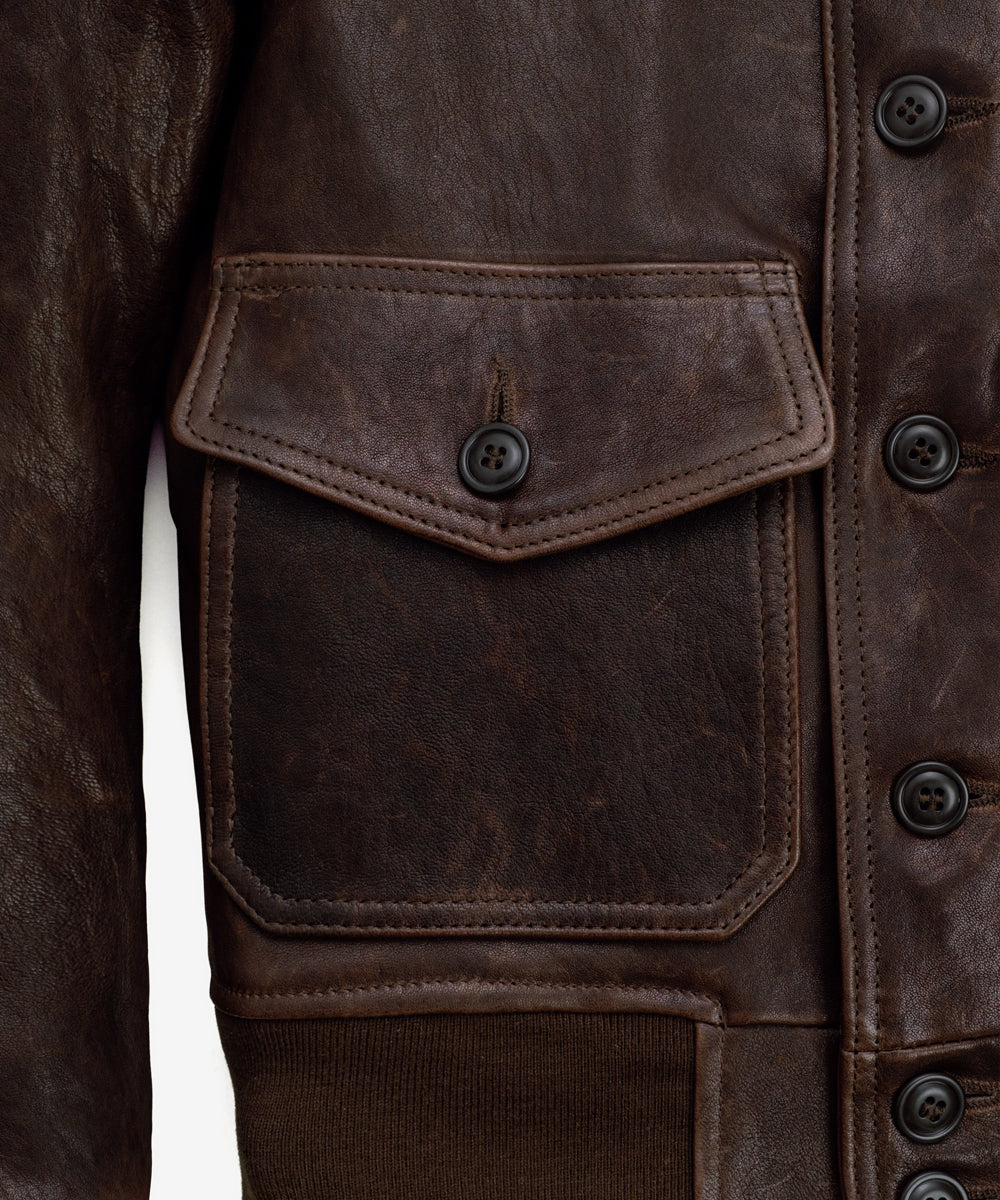 Close-up of a dark brown distressed leather jacket showing a flap pocket with a button, button-down front, and ribbed knit sleeve cuff.