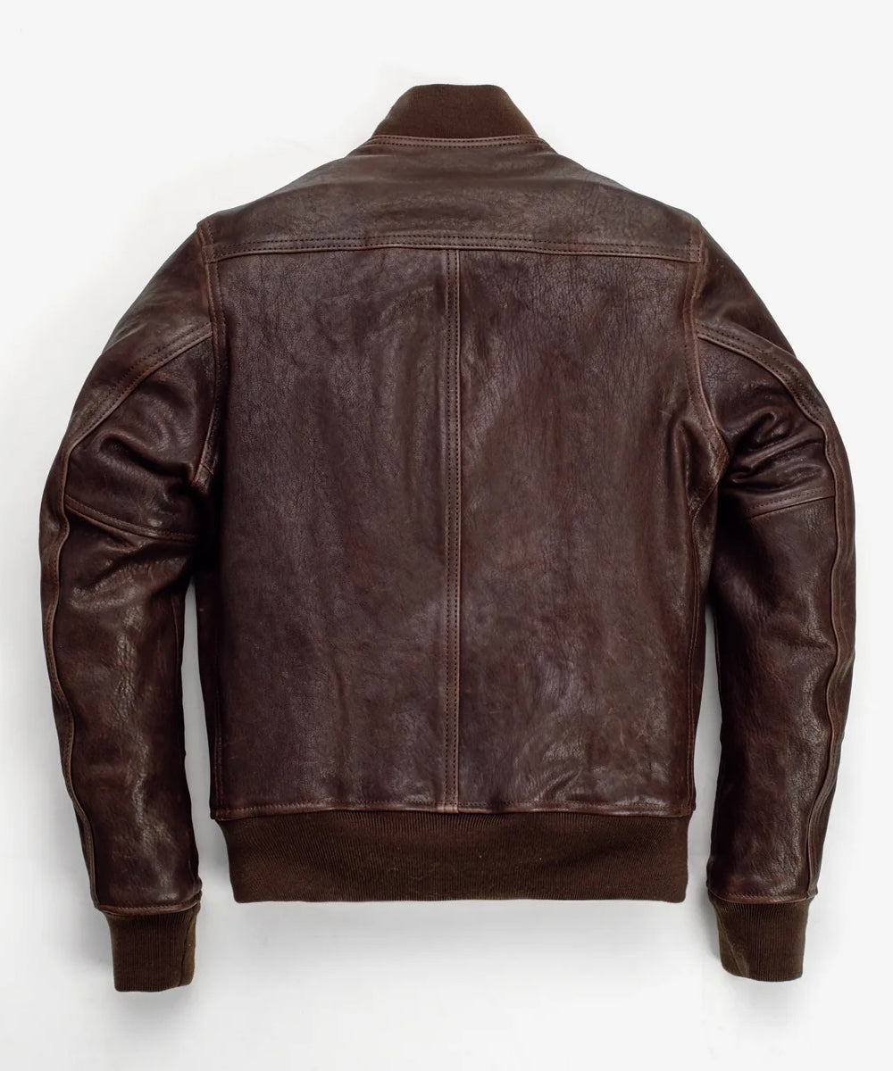 A dark brown leather jacket shown from the back, featuring a high collar, ribbed knit cuffs and hem, and a central seam running down the back, photographed against a plain white background.