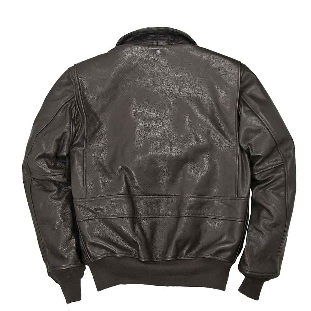 A 90s Vintage Bomber Jacket in Chocolate Brown shown from the back, featuring a smooth textured leather body, ribbed knit collar, cuffs, and hem, and a button closure at the top.