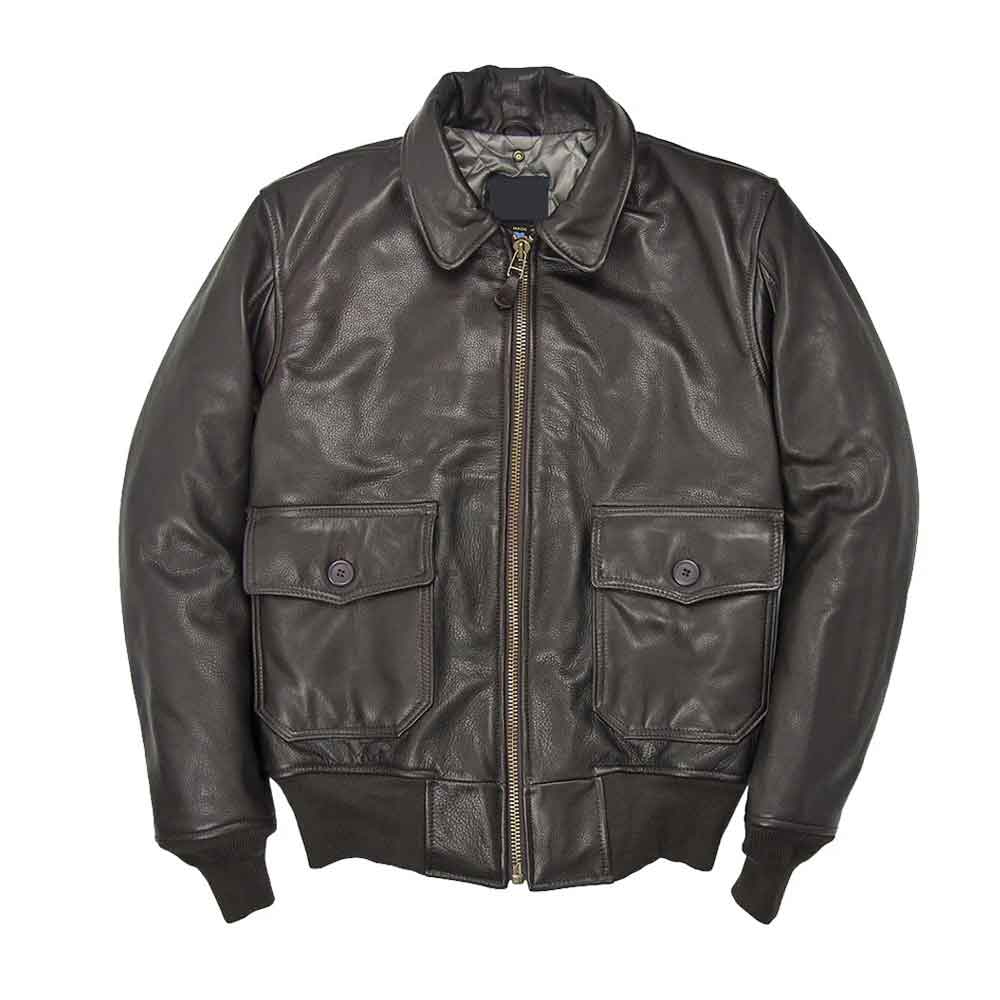 A dark brown leather jacket with a front zipper, ribbed knit collar, cuffs, and hem, featuring two buttoned flap pockets on the chest, shown against a plain white background.