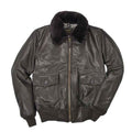 A dark brown leather bomber jacket with a thick black faux-fur collar, shown flat against a white background.