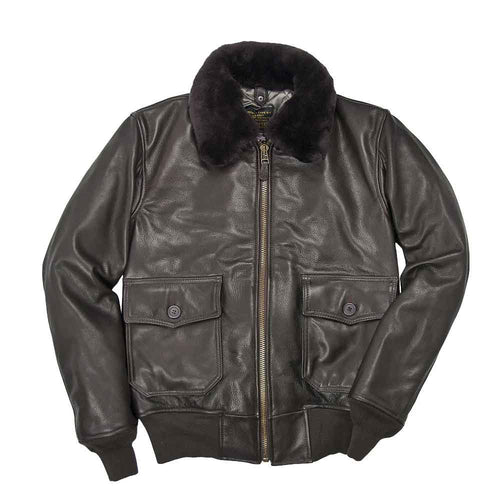A dark brown leather bomber jacket with a thick black faux-fur collar, shown flat against a white background.