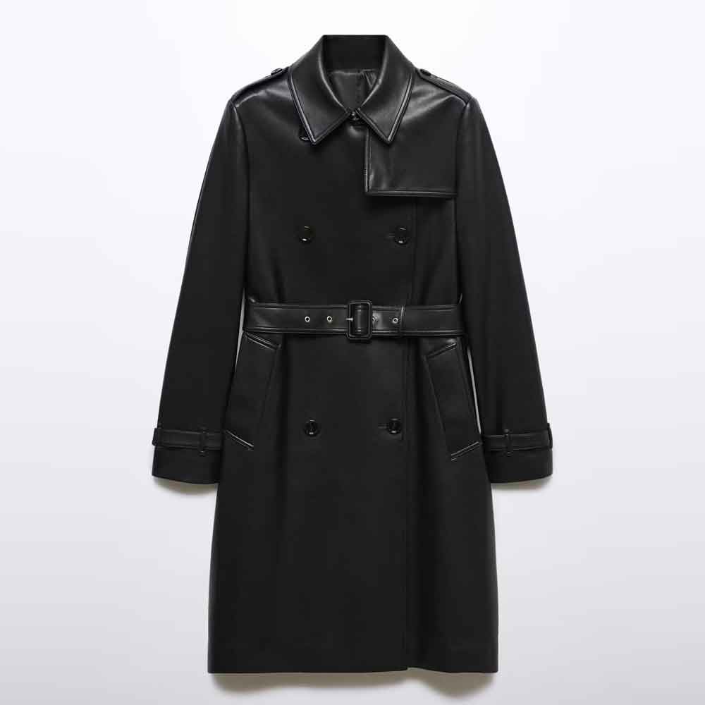 A black double-breasted trench coat with a matching waist belt, featuring a structured collar and flap pockets, shown against a plain white background.