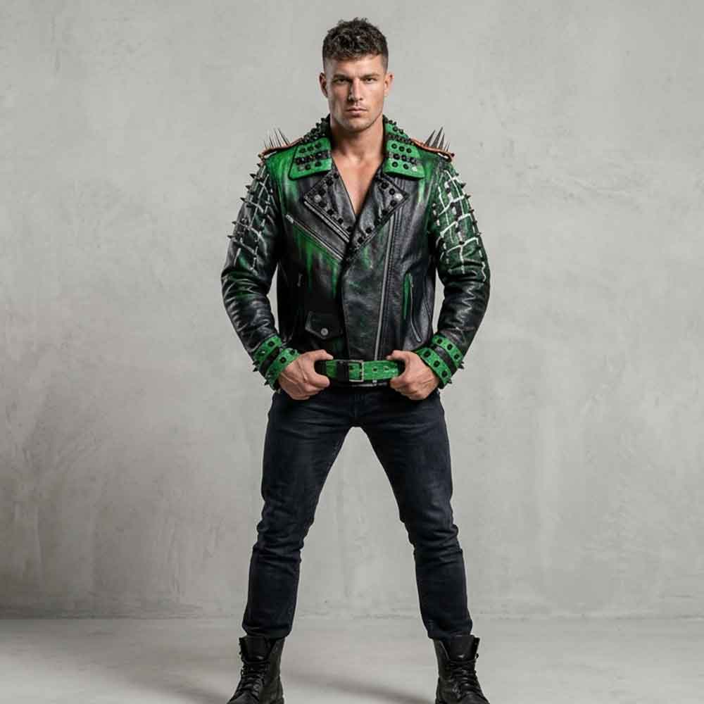 a model wearing a leather jacket with spikes against a gray background
