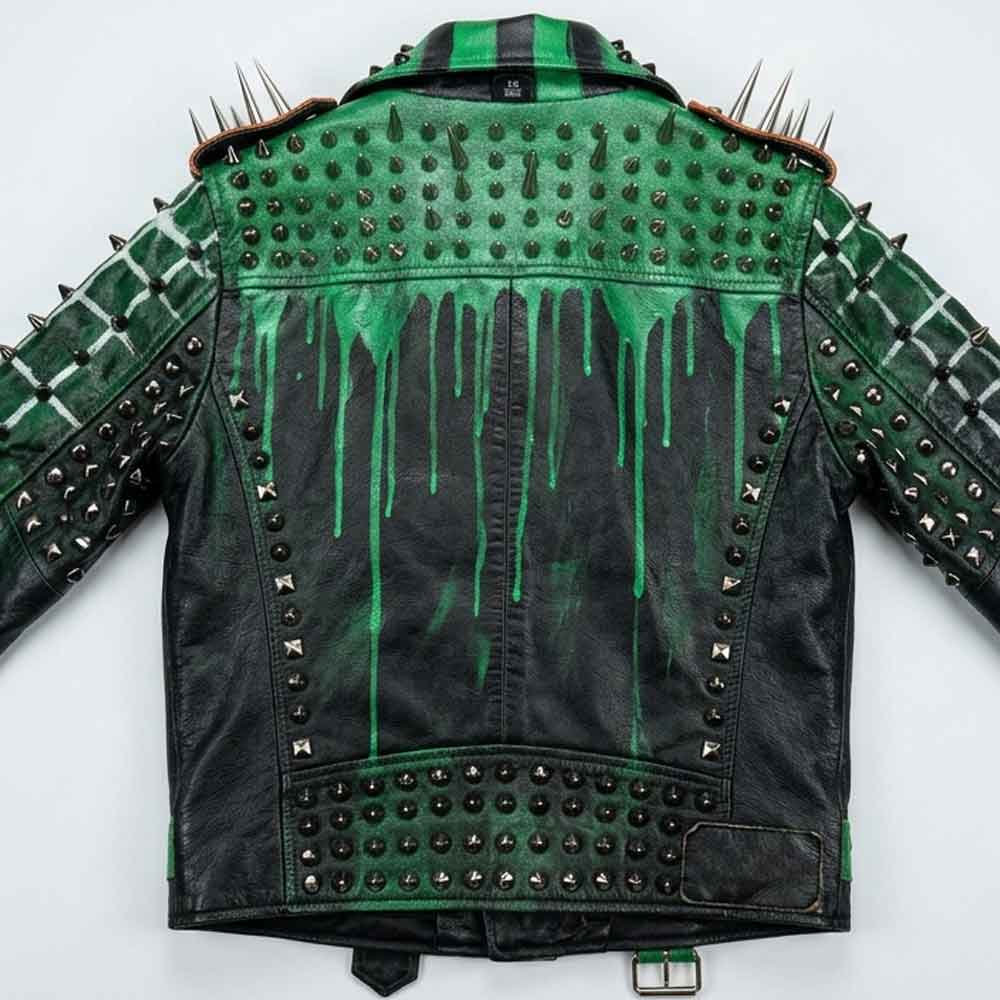Back view of a black and green studded leather jacket