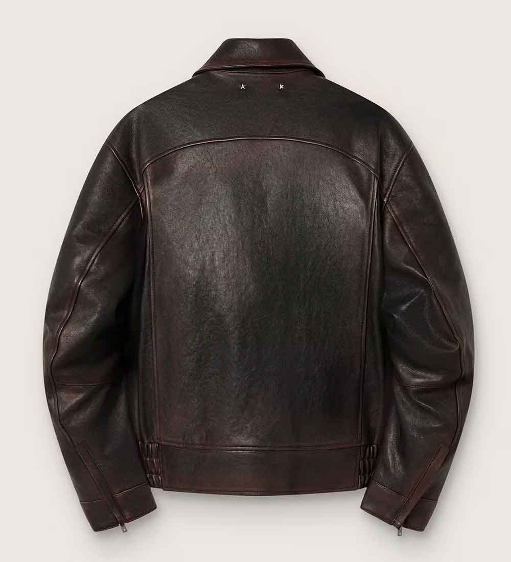 back view of a Mens Brown Leather Bomber Jacket on a light gray background