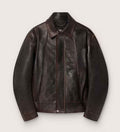 A Mens Brown Leather Bomber Jacket with a pointed collar, button front, and visible contrast stitching, photographed flat against a light gray background.