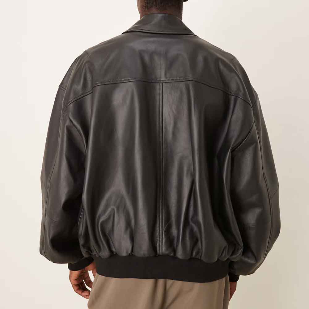 back view of a Oversized Leather Bomber Jacket for men