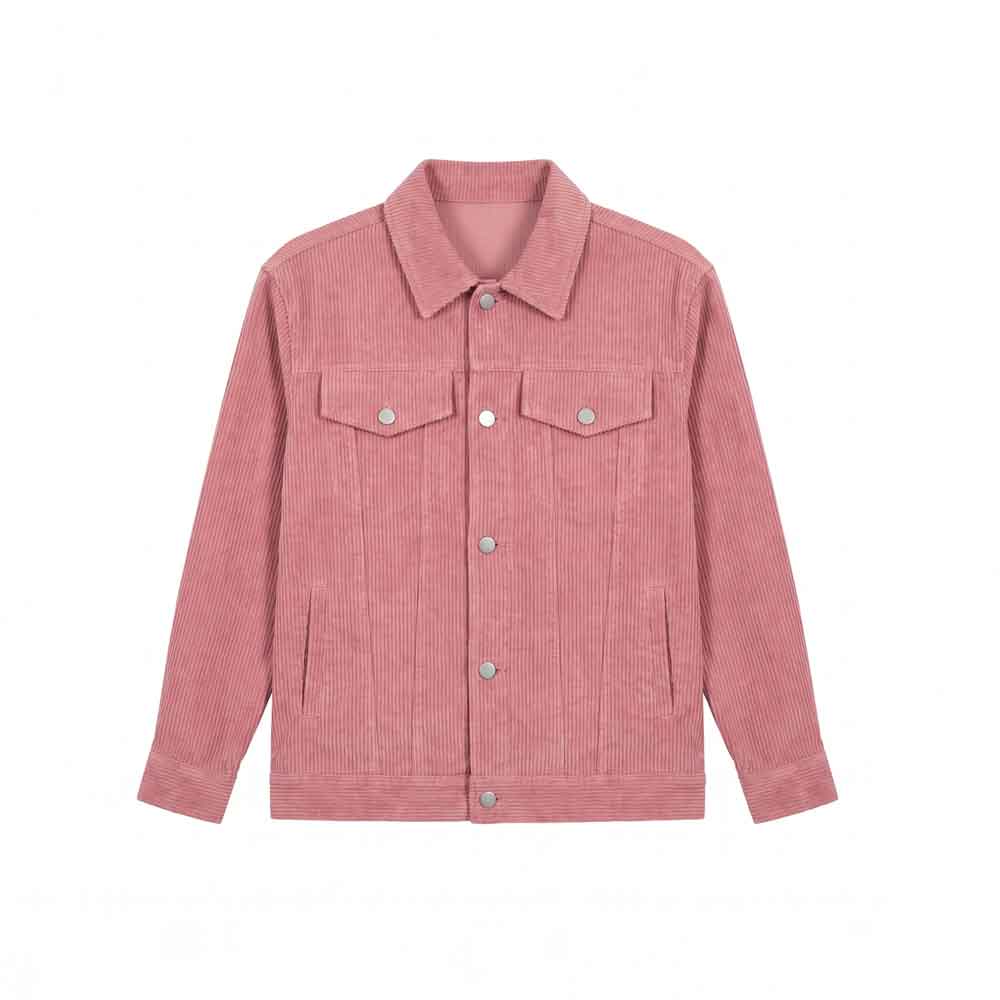 Pink Corduroy Jacket on a hanger against a white background