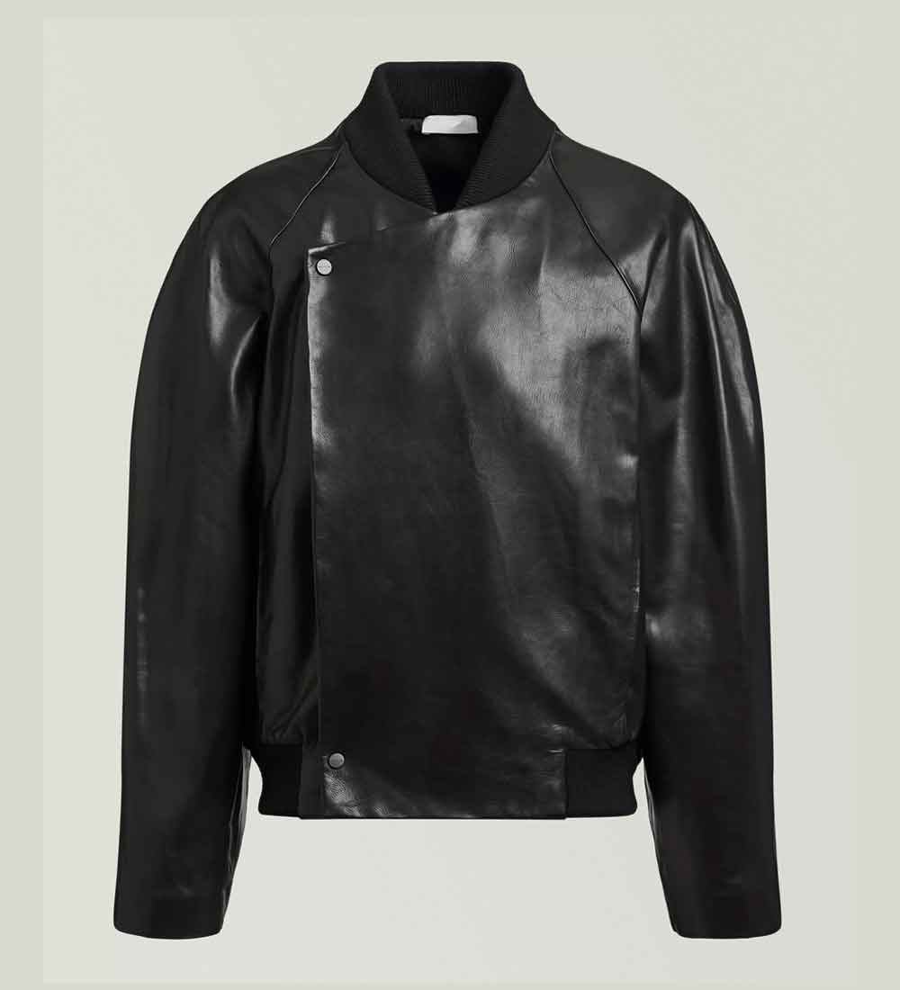 A Raglan Bomber Jacket with an asymmetrical snap closure, ribbed collar, cuffs, and hem, displayed on a neutral light gray background.