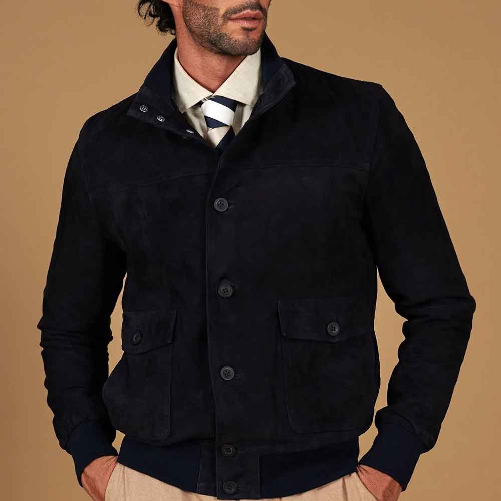 Royal Blue Bomber Jacket in Suede Leather