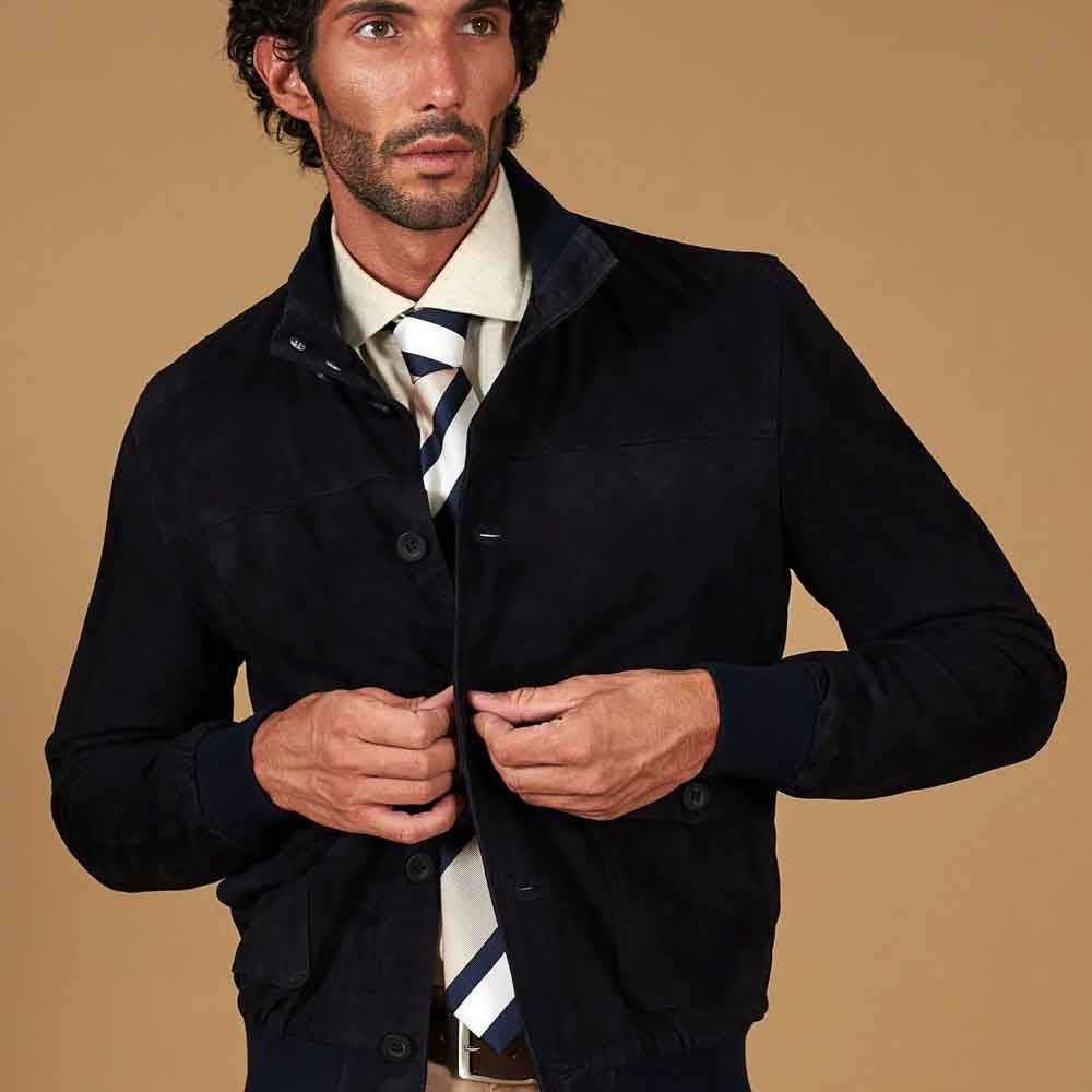 Royal Blue Bomber Jacket in Suede Leather