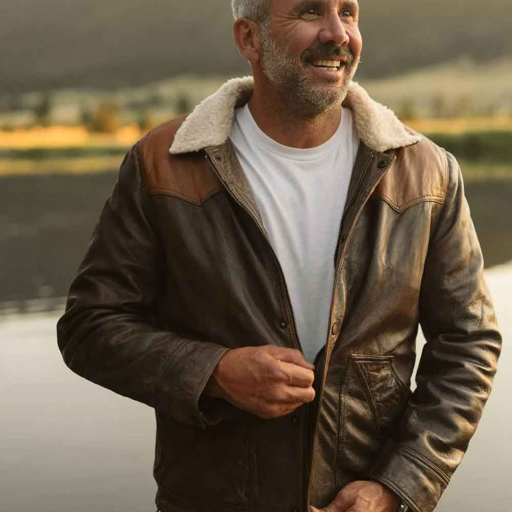 A smiling man wearing a brown leather aviator-style jacket with a cream faux shearling collar over a white t-shirt, standing outdoors near water with a blurred natural background.