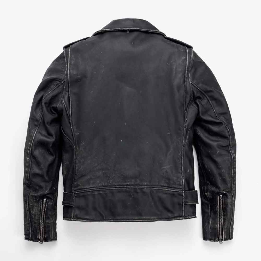 The back view of a Vintage Leather Motorcycle Jacket in Cowhide Leather with zippered sleeve cuffs, shown against a plain white background.