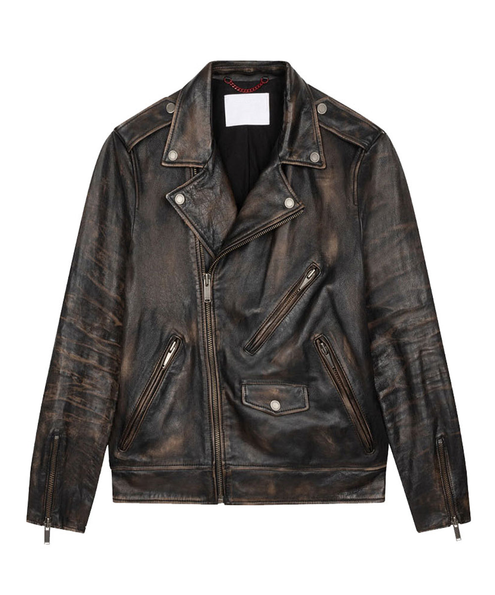 A distressed dark brown leather motorcycle jacket with silver-tone hardware, displayed flat against a solid white background.